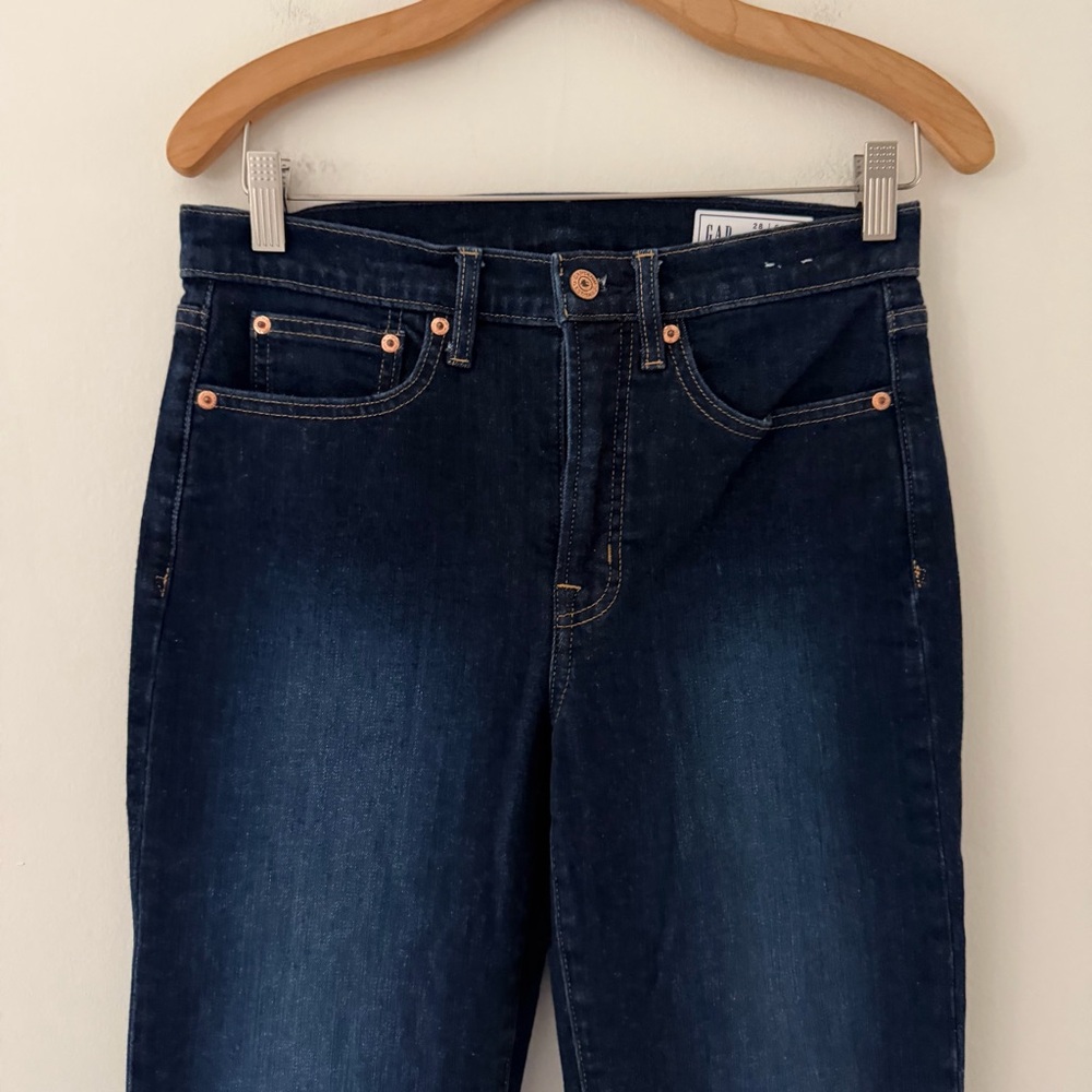 Gap Jeans 70s Flare High Rise Blue Denim Dark Wash 28 Petite - Picture 2 of 8